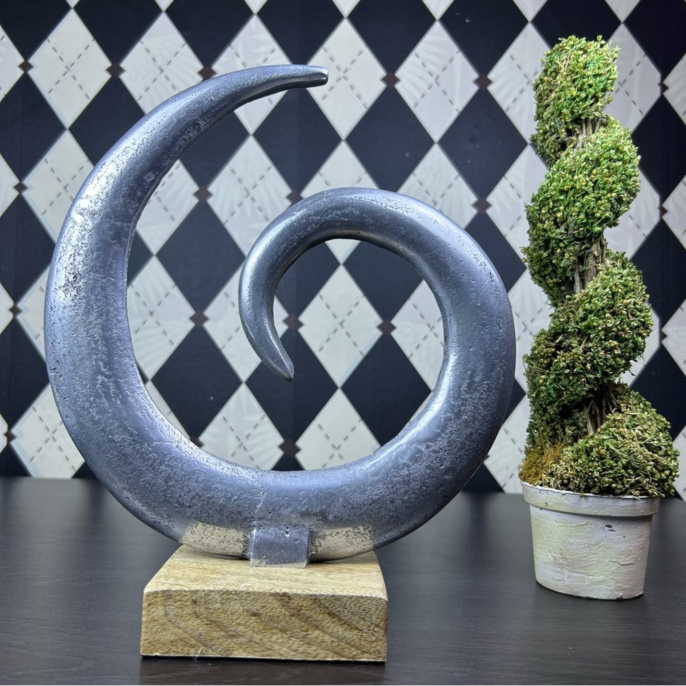 Large Abstract Metal Spiral Sculpture on Wood Base Modern Decor Accent